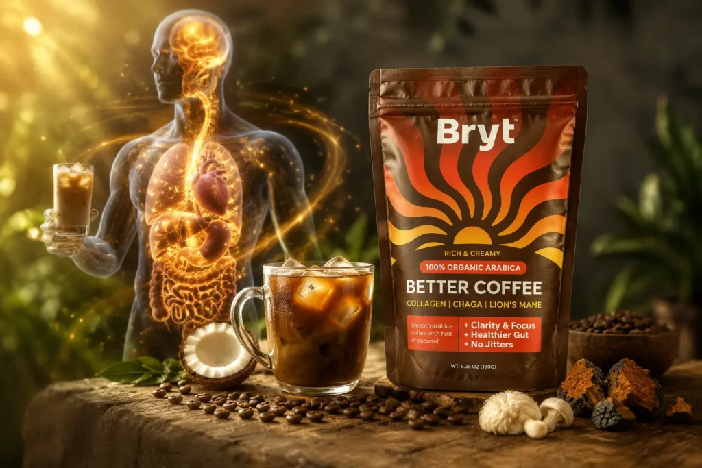 Bryt Mushroom Coffee pack alongside fresh functional ingredients for steady morning energy.