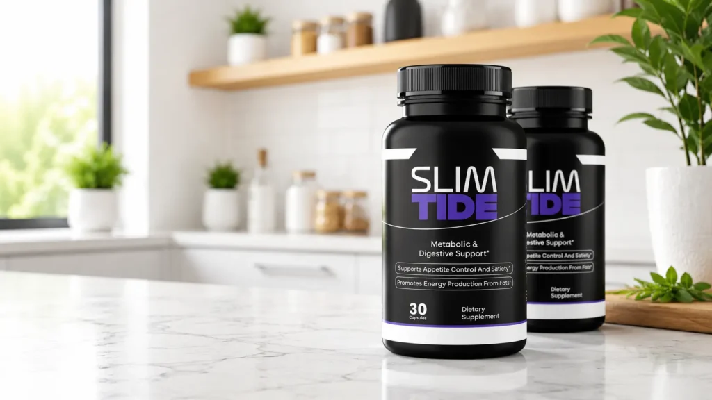 SlimTide Review - Natural digestive supplement bottle for gut health support