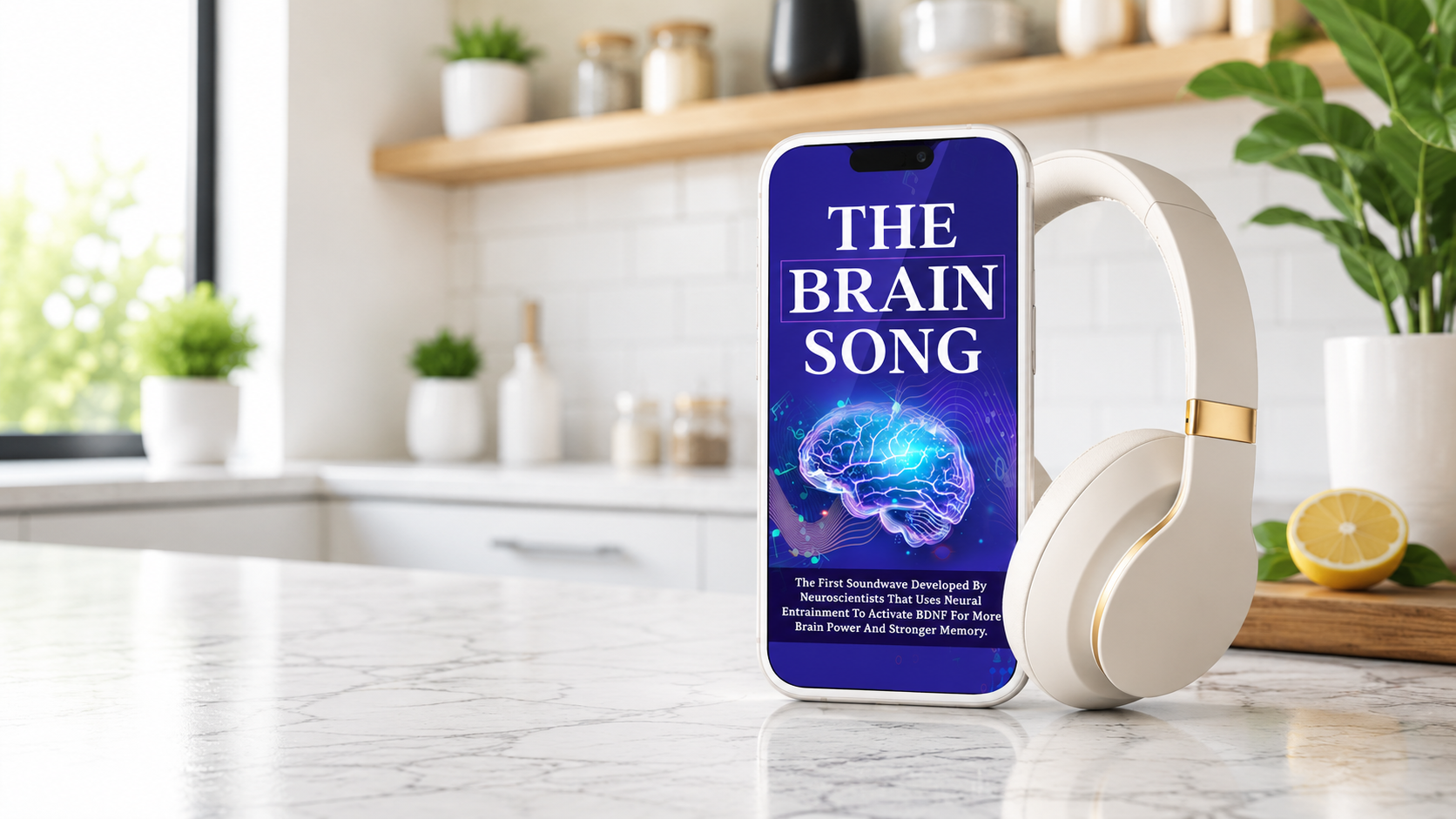 The Brain Song audio program representation showing a human brain and sound waves